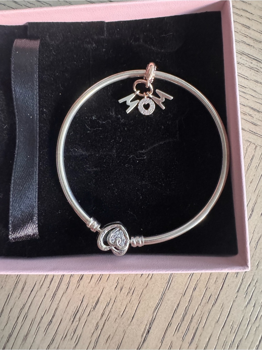 Pandora Silver Heart Charm Bangle with Pavé Heart Accent